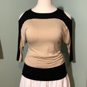Boston Proper Tan/Black Cold Shoulder Shirt